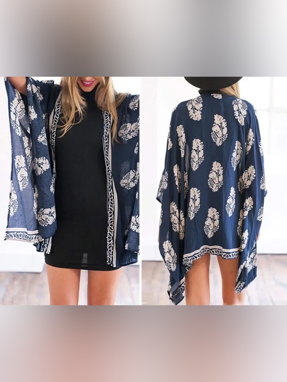 Navy and Cream Floral Open-Front Kimono top with fringe